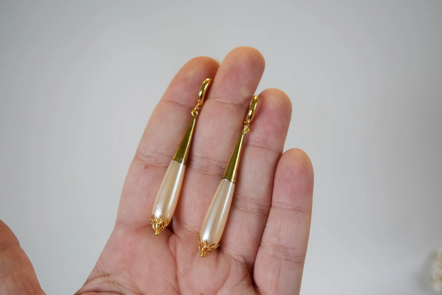 Long Pearl Teardrop Earrings with Golden Cap