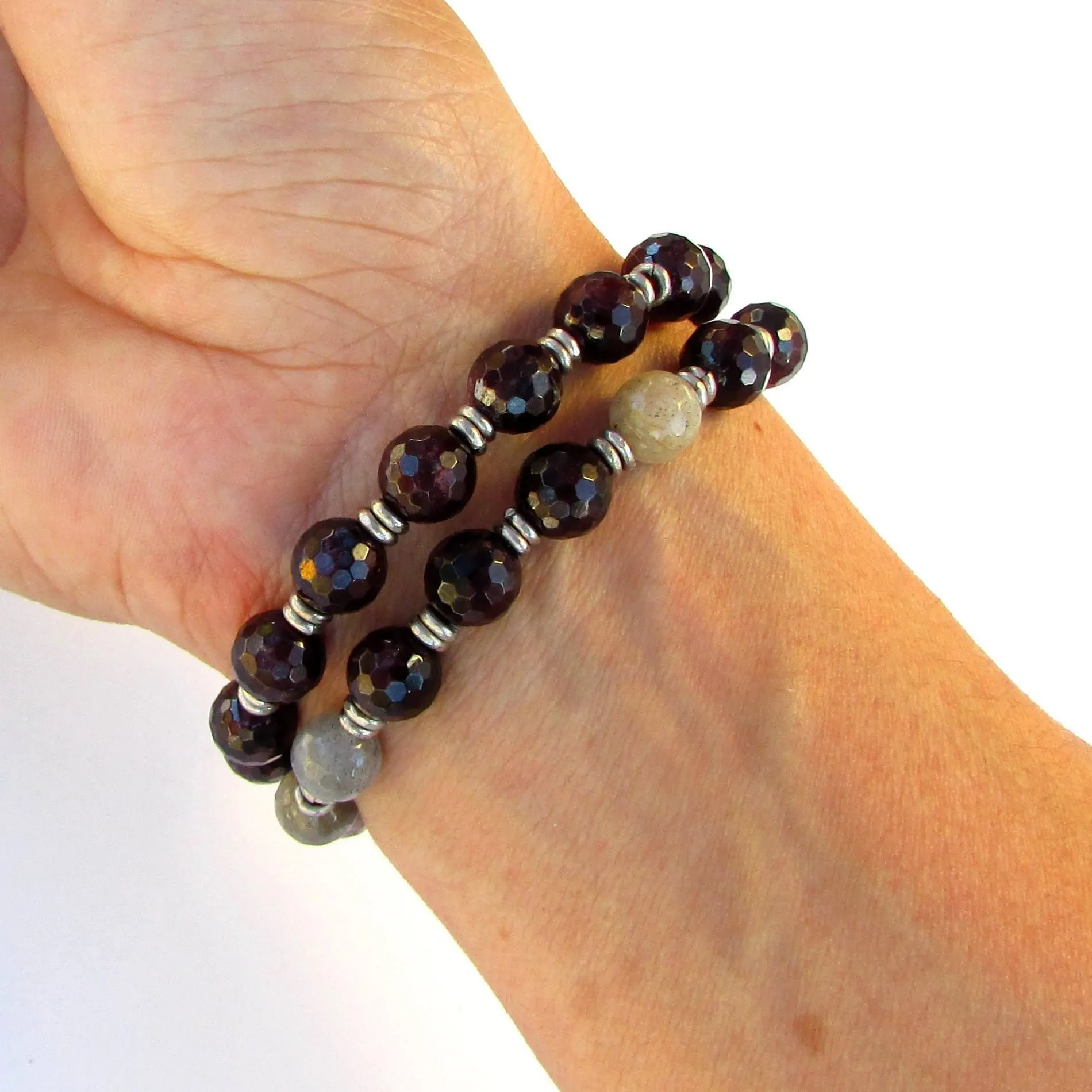 Love and Serendipity, Genuine Garnet and Labradorite 27 Bead Wrap Mala Bracelet