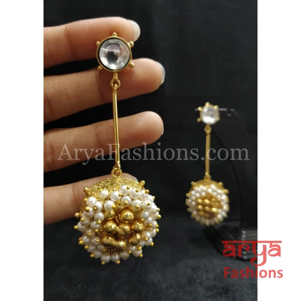 Matte Gold Pearl and Ghungroo beads Contemporary Long Party Earrings