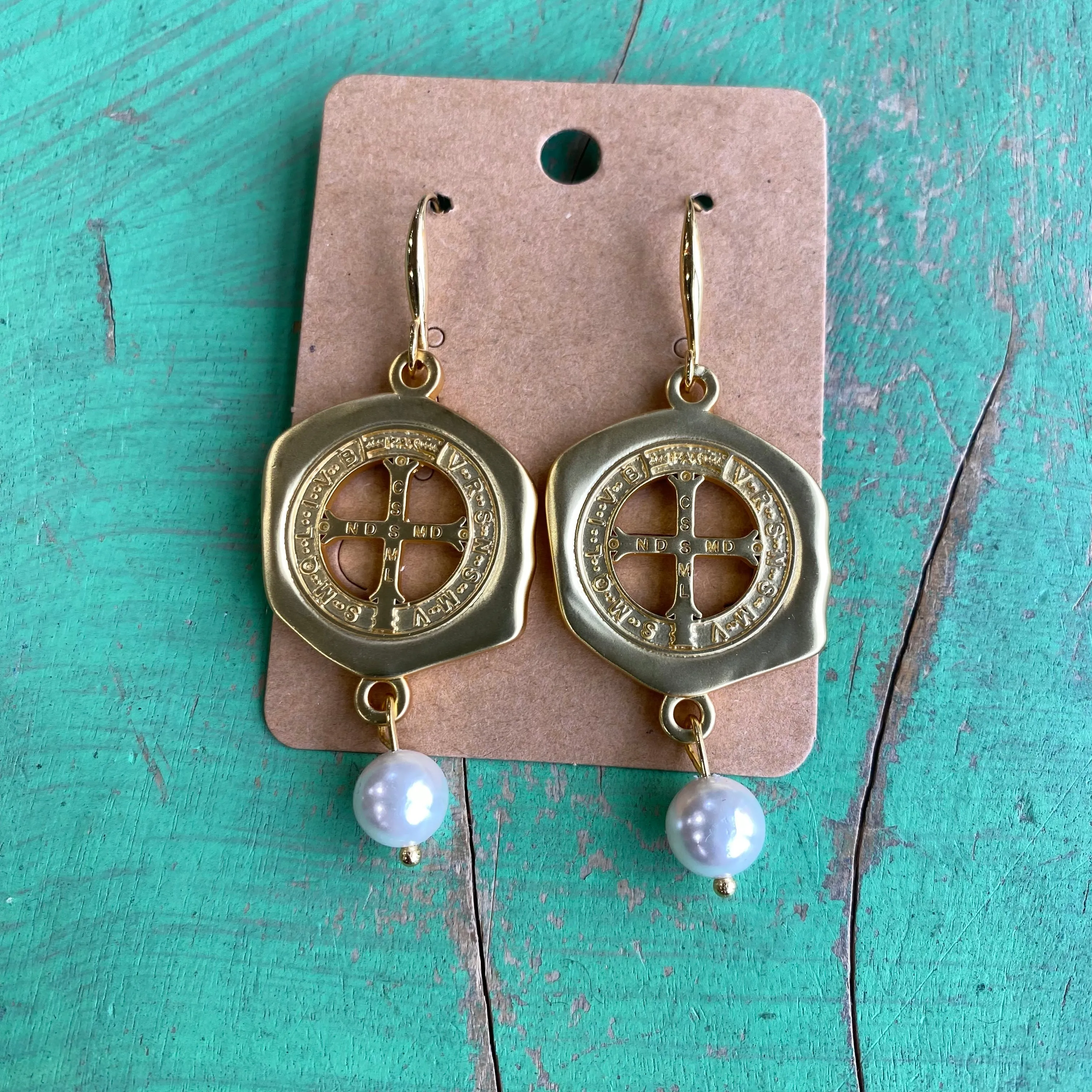 Matte Gold St Benedict Pearl Earrings