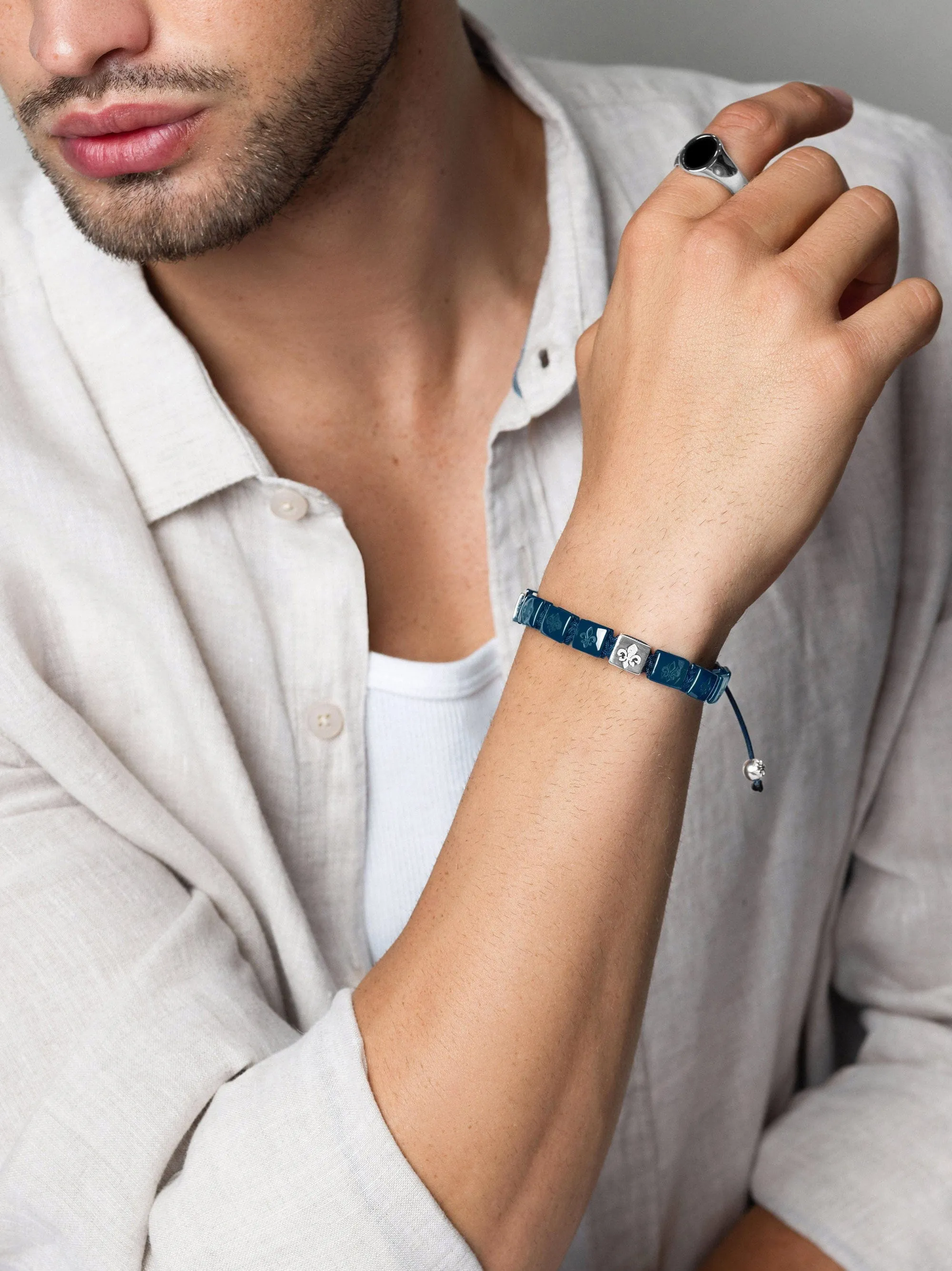 Men's Ceramic Flatbead Bracelet in Blue and Sterling Silver