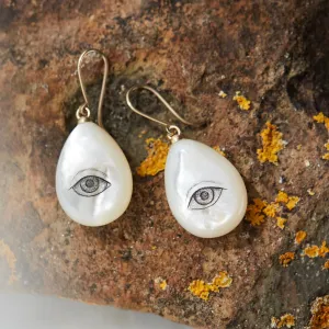 Mother of Pearl Lover's Eye Flare Scrimshaw Earrings