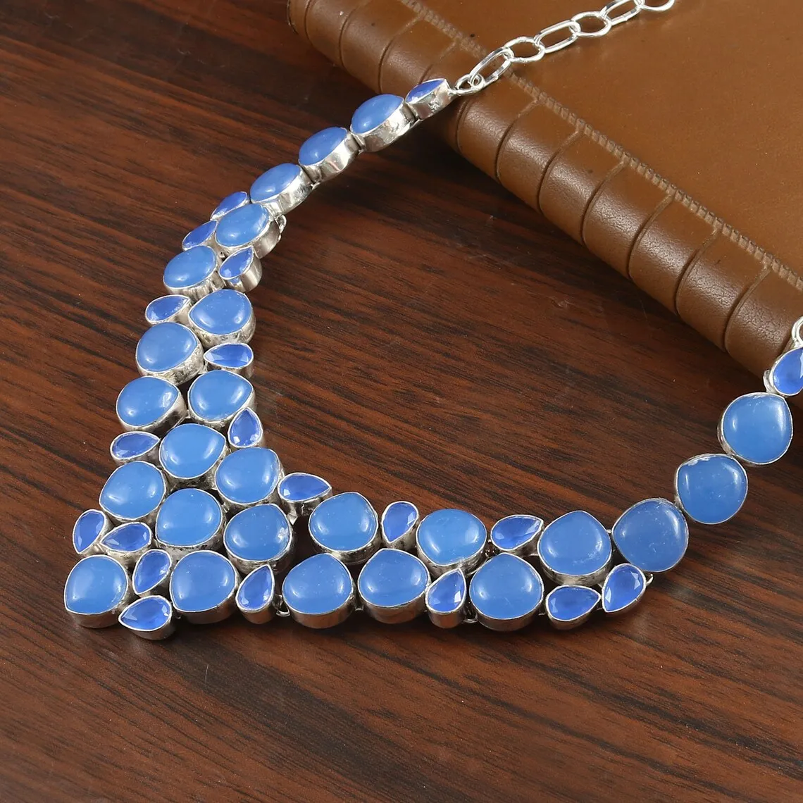 Natural Aqua Chalcedony Bib Necklace  - 925 Sterling Silver Wedding Necklace