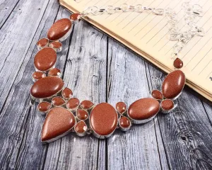 Natural Sunstone Bib Necklace  - 925 Sterling Silver Statement Necklace