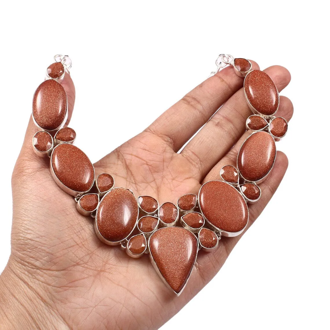 Natural Sunstone Bib Necklace  - 925 Sterling Silver Statement Necklace