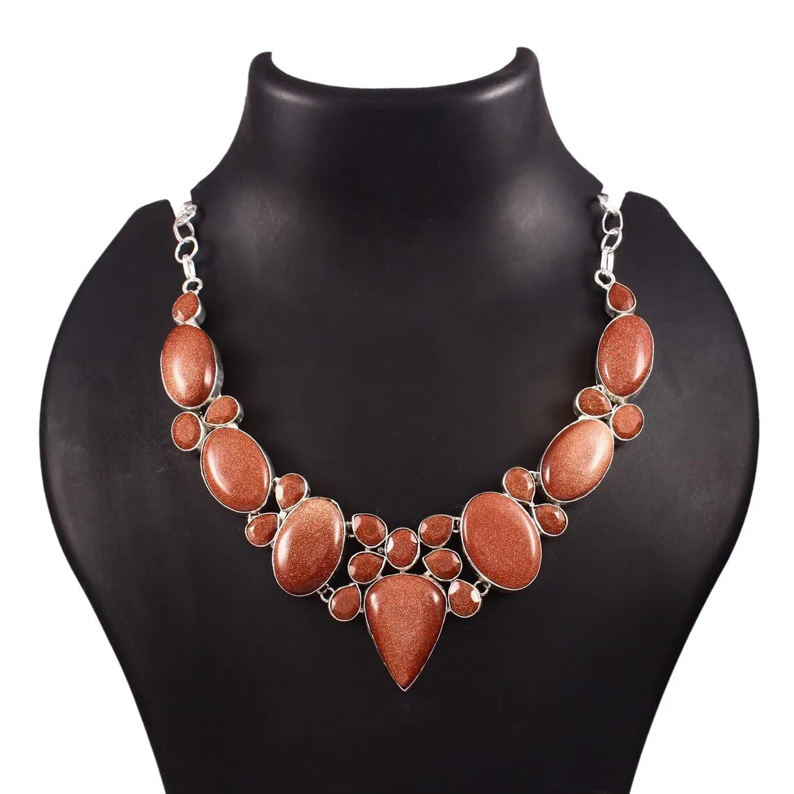 Natural Sunstone Bib Necklace  - 925 Sterling Silver Statement Necklace