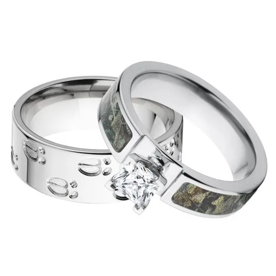 Outdoor His and Her's Matching RealTree Timber Camouflage & Elk Track Wedding Ring Set