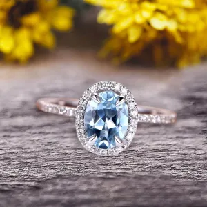 Oval Cut 1.50 carat Blue Aquamarine White Gold Ring Engagement Ring Anniversary Gift On 10k White Gold Art Deco Halo