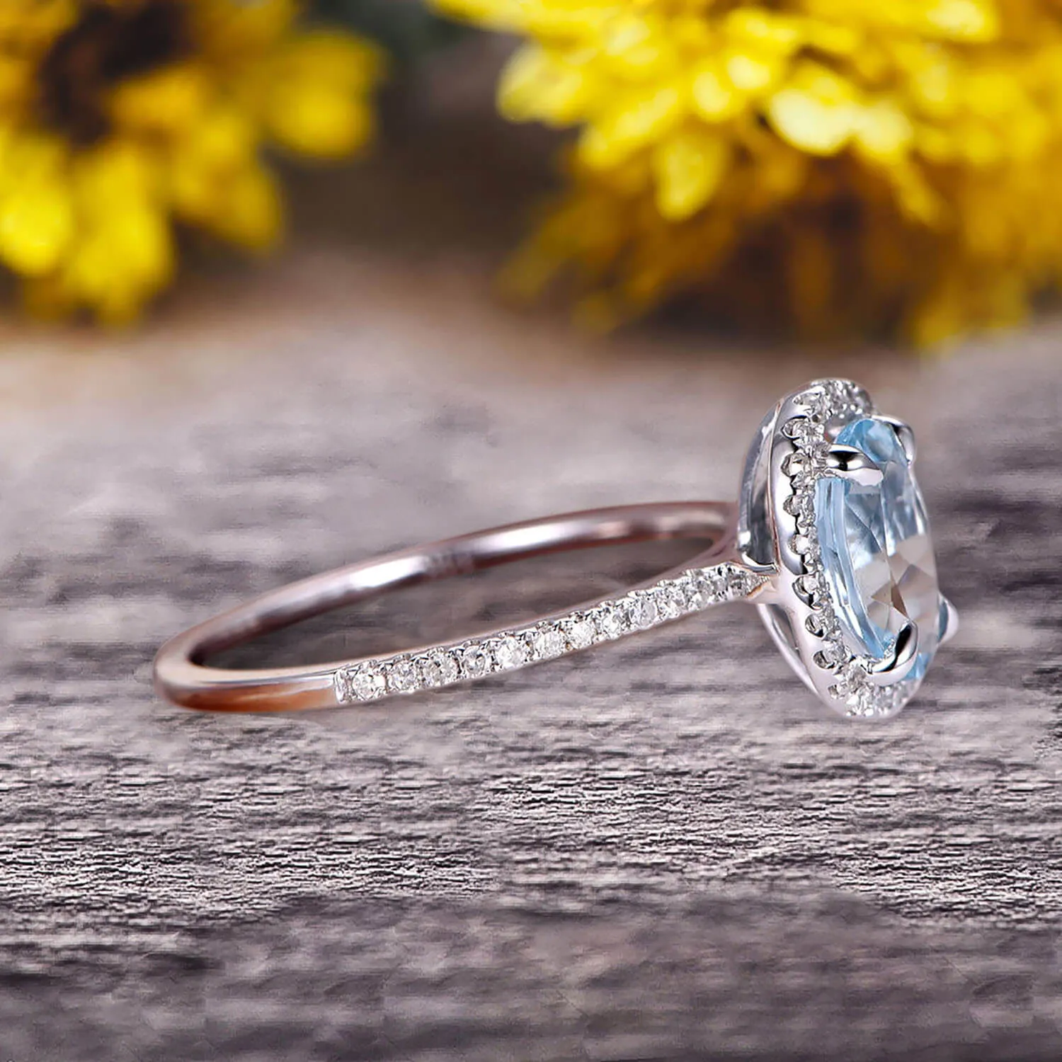 Oval Cut 1.50 carat Blue Aquamarine White Gold Ring Engagement Ring Anniversary Gift On 10k White Gold Art Deco Halo