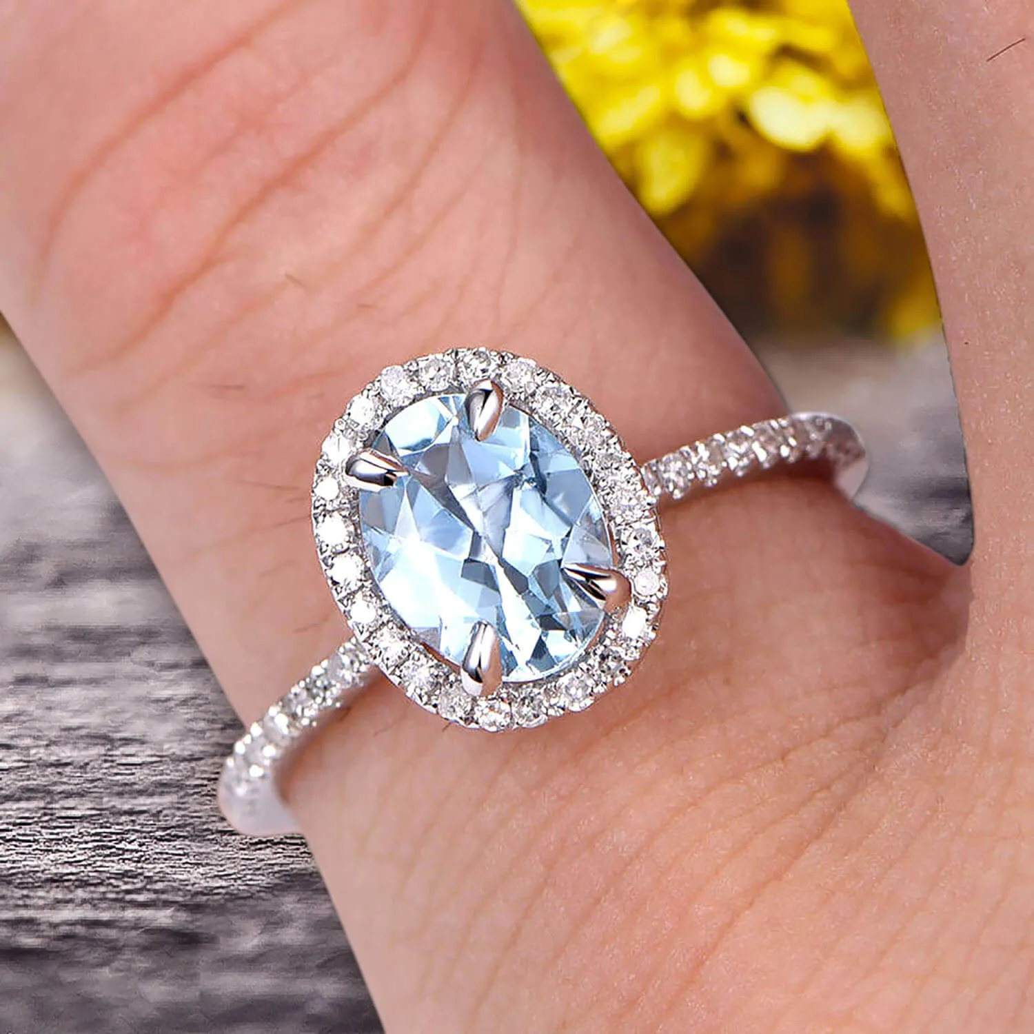 Oval Cut 1.50 carat Blue Aquamarine White Gold Ring Engagement Ring Anniversary Gift On 10k White Gold Art Deco Halo