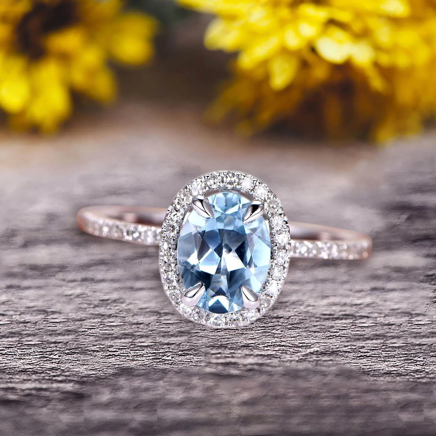 Oval Cut 1.50 carat Blue Aquamarine White Gold Ring Engagement Ring Anniversary Gift On 10k White Gold Art Deco Halo