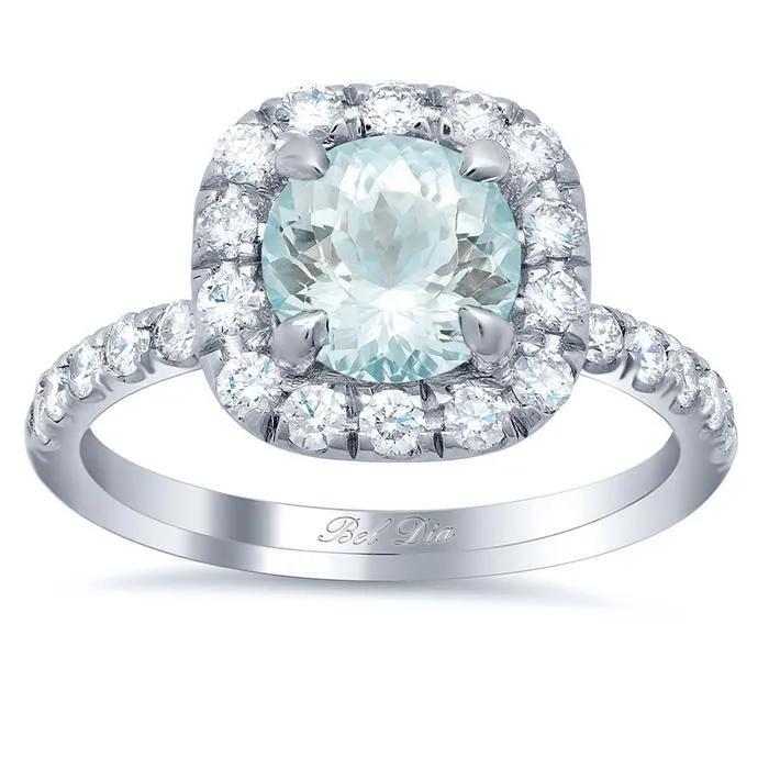 Pave Diamond Cushion Halo Engagement Ring for Round Aquamarine