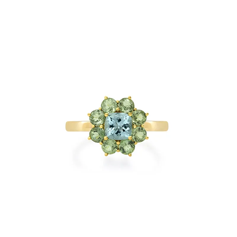 Petite Statement Mint Tourmaline Flower Ring with Aquamarine Center