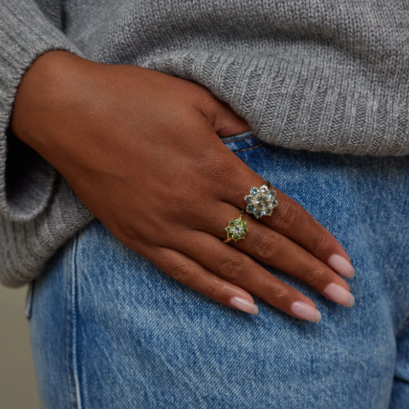 Petite Statement Mint Tourmaline Flower Ring with Aquamarine Center