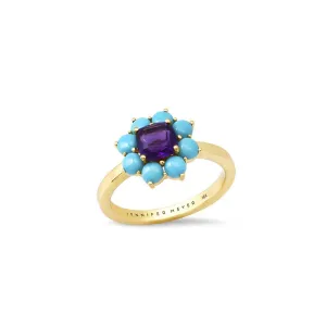 Petite Statement Turquoise Flower Ring with Amethyst Center