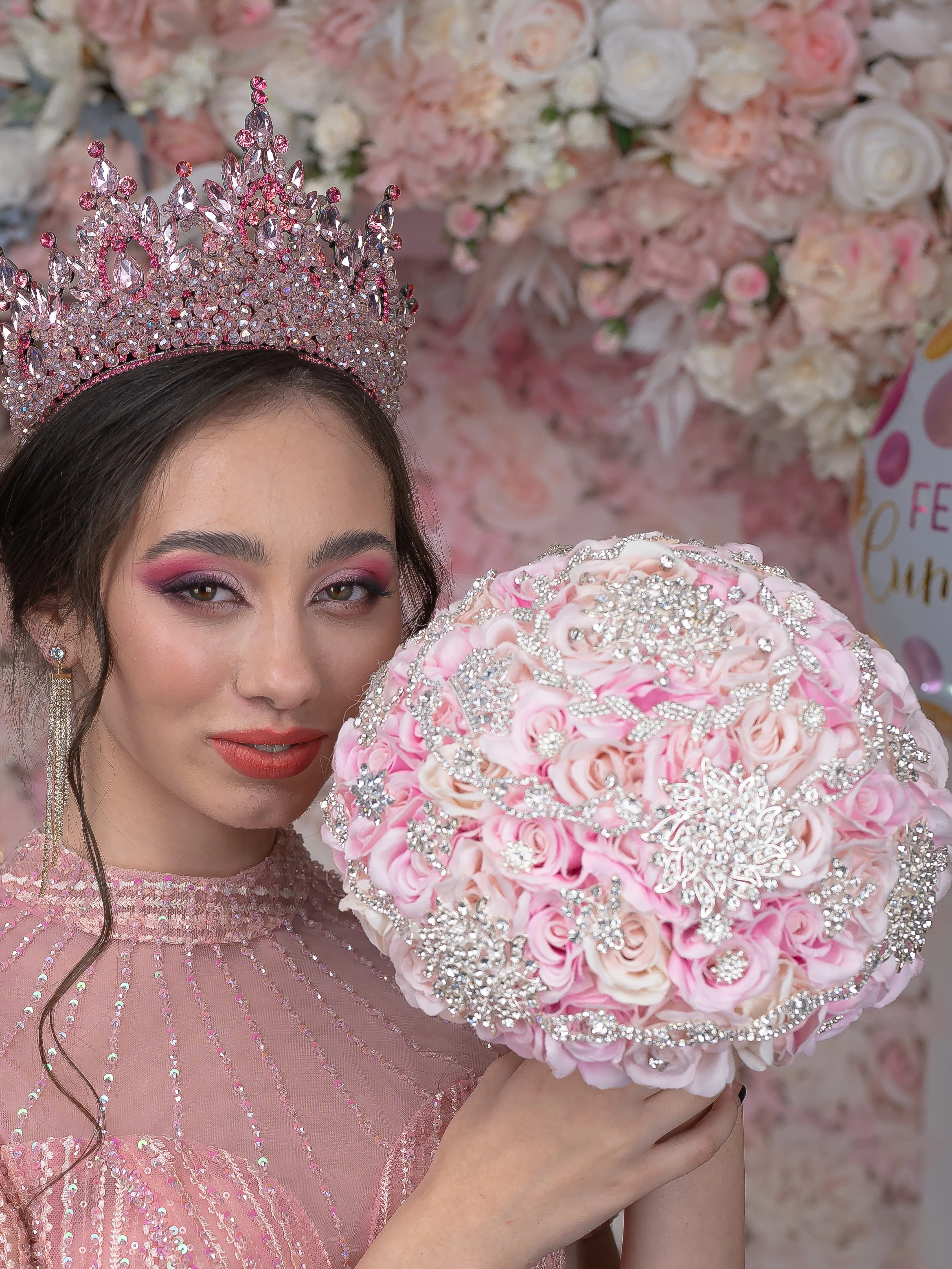 Pink quinceanera bouquet 13 inches