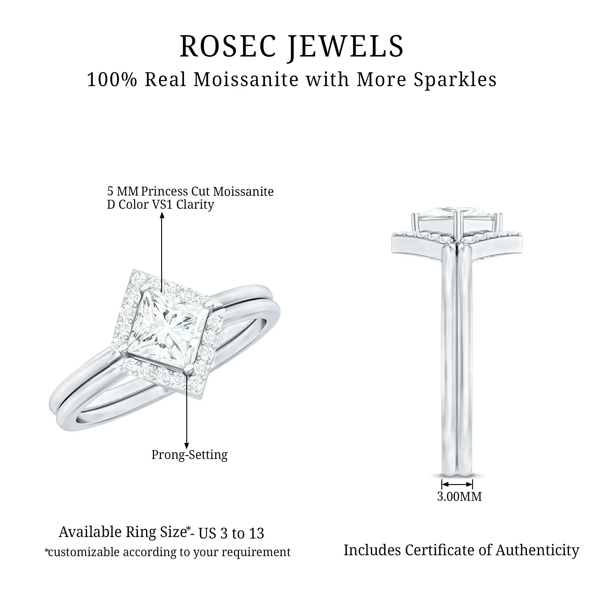 Princess Cut Moissanite Minimal Wedding Ring Set