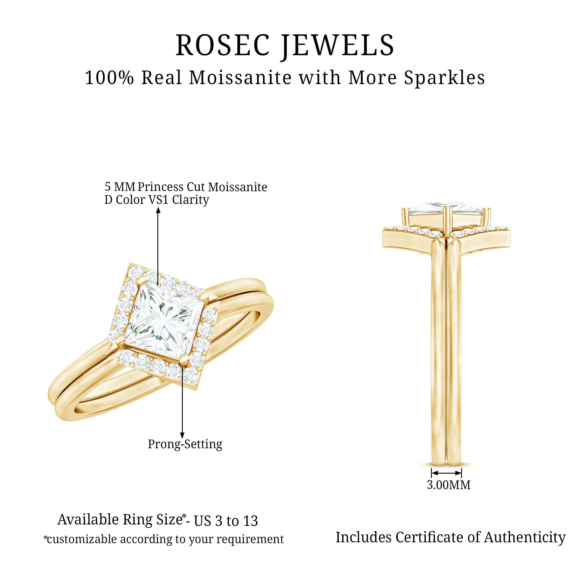 Princess Cut Moissanite Minimal Wedding Ring Set