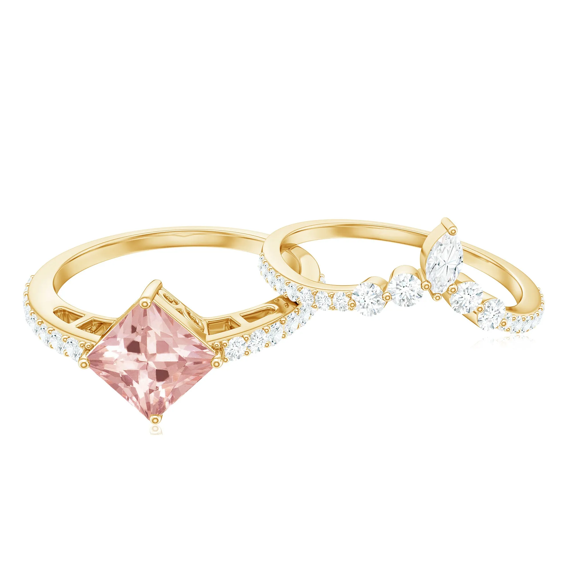 Princess Cut Solitaire Morganite Designer Ring Set with Diamond