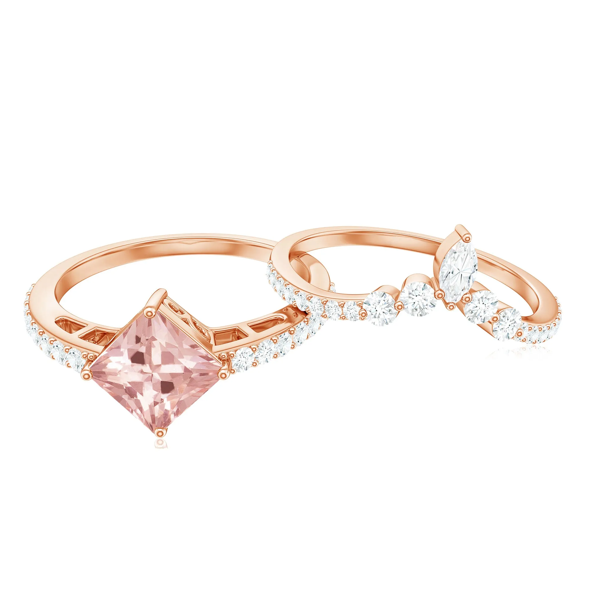 Princess Cut Solitaire Morganite Designer Ring Set with Diamond