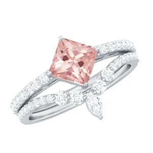 Princess Cut Solitaire Morganite Designer Ring Set with Diamond