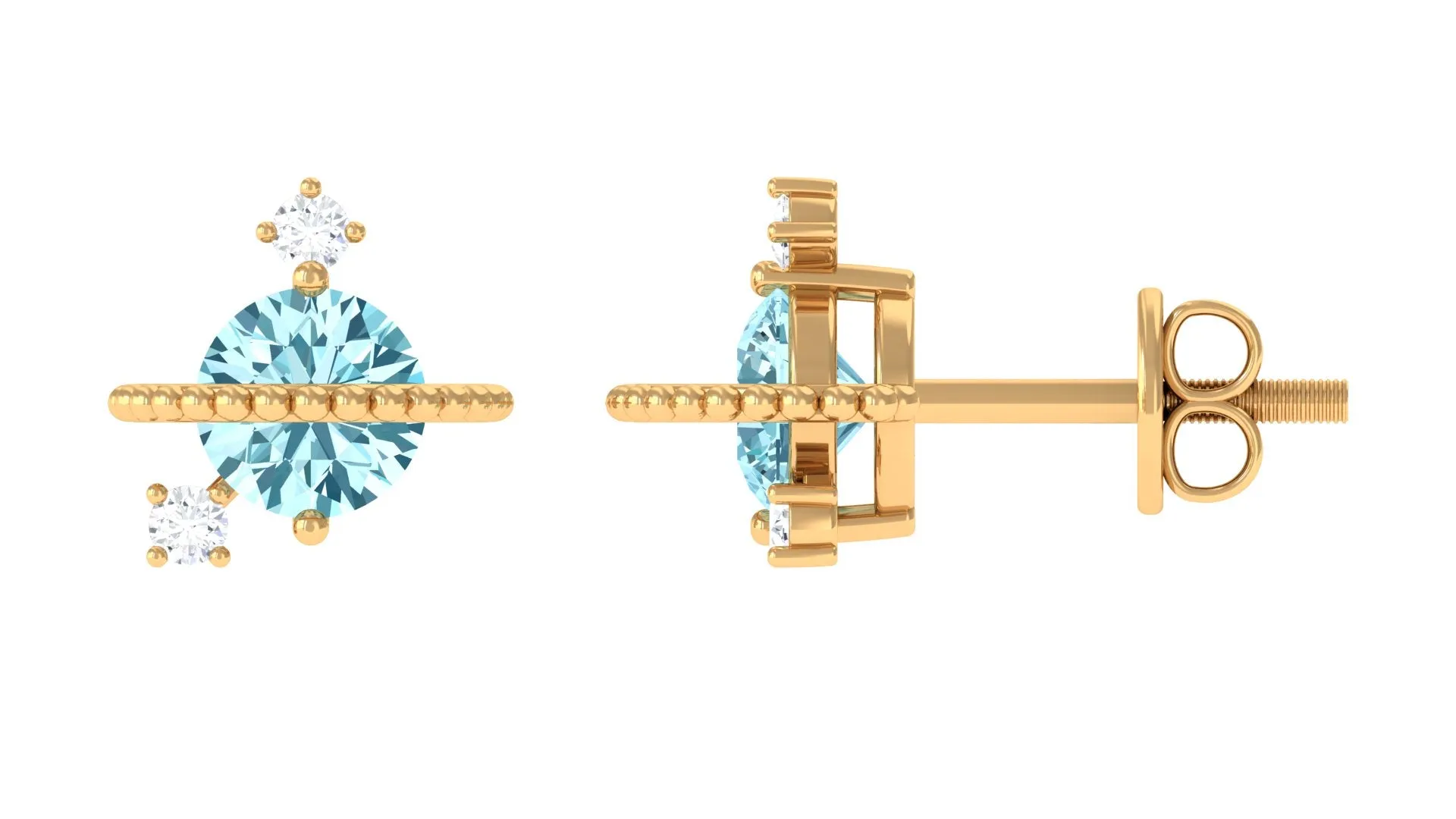 Real Aquamarine Celestial and Diamond Stud Earring