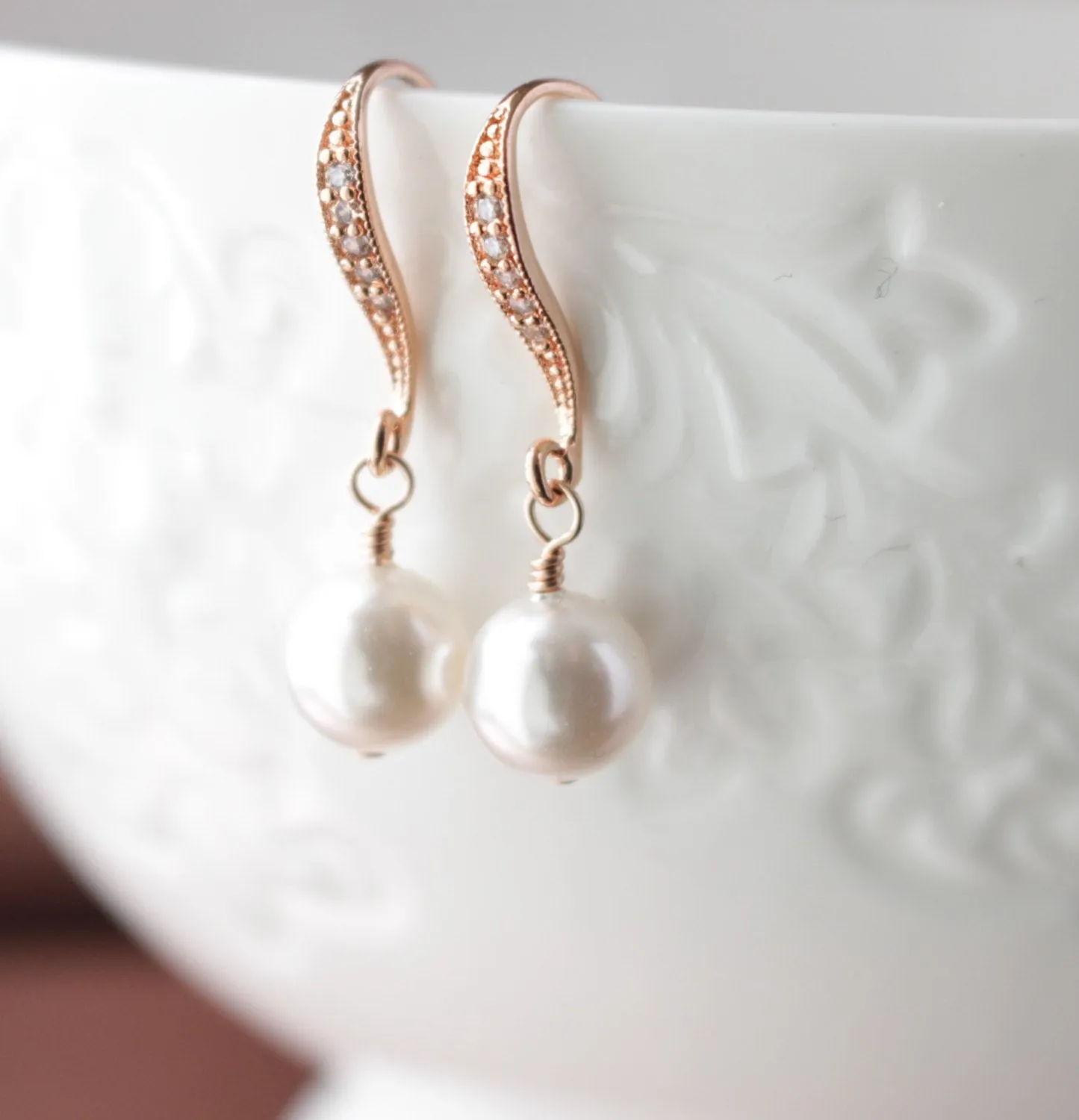 Rose Gold and White Pearl Earrings