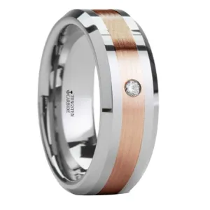 Rose Gold Inlaid Beveled Tungsten Ring with Diamond