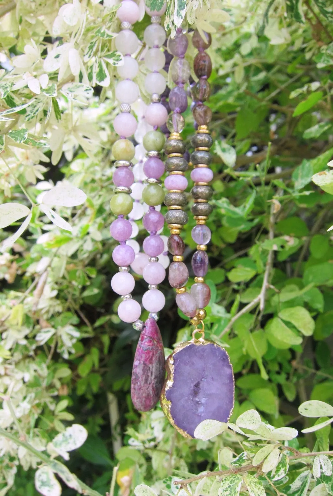 SALE - Ametrine, Amethyst, Charoite, Kunzite, Druzy Pendant Beaded Mala Necklace