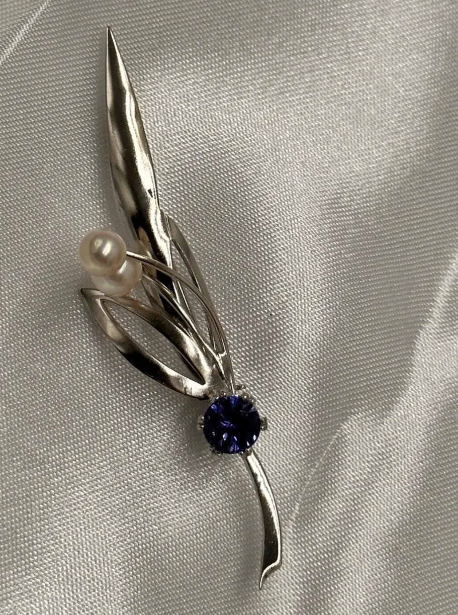 Simpson Silver Pearl and Blue Glass Brooch