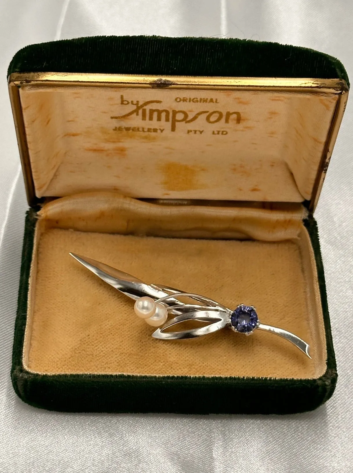 Simpson Silver Pearl and Blue Glass Brooch