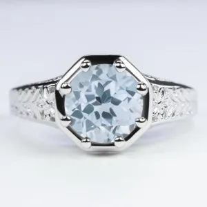 SKY BLUE TOPAZ STERLING SILVER RING VINTAGE STYLE ART DECO SOLITAIRE ROUND CUT