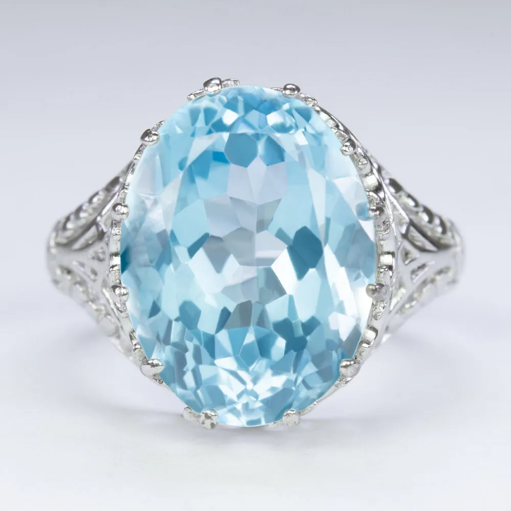 SKY BLUE TOPAZ STERLING SILVER VINTAGE STYLE RING FILIGREE OVAL CUT SOLITAIRE