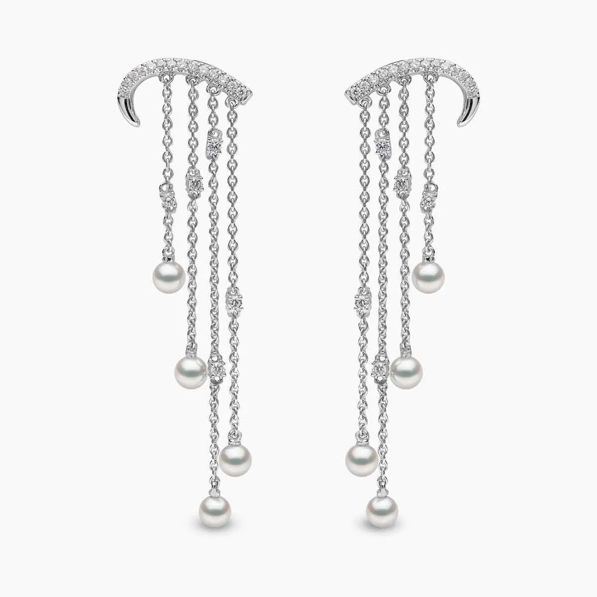 Sleek 18K Gold Pearl and Diamond Arch Chain Drop Earrings