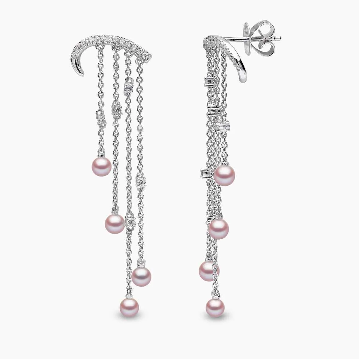 Sleek 18K Gold Pearl and Diamond Arch Chain Drop Earrings