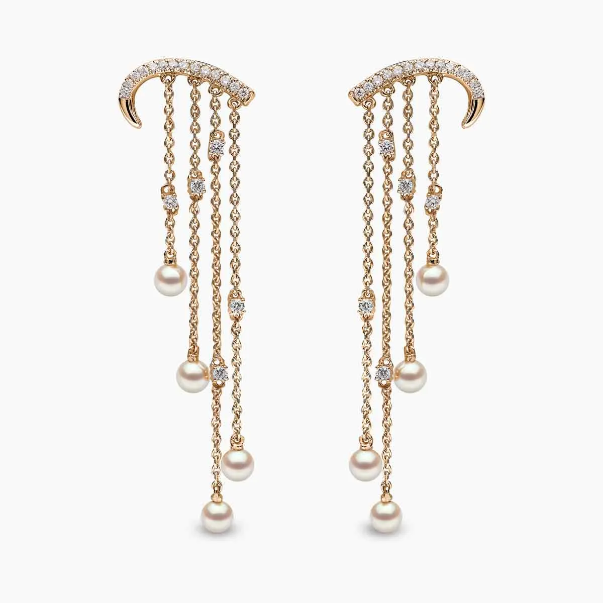 Sleek 18K Gold Pearl and Diamond Arch Chain Drop Earrings