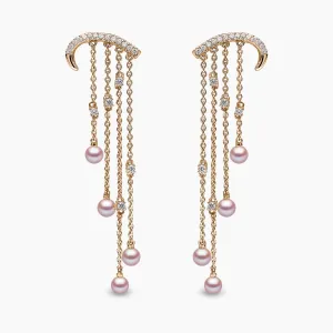 Sleek 18K Gold Pearl and Diamond Arch Chain Drop Earrings