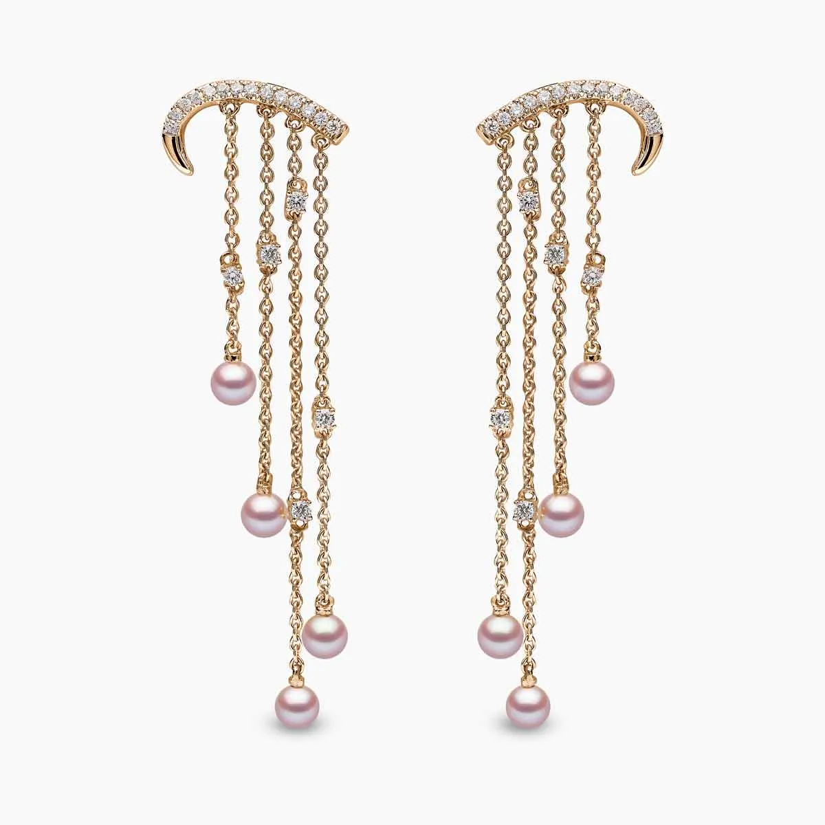 Sleek 18K Gold Pearl and Diamond Arch Chain Drop Earrings