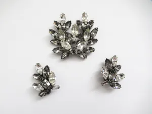 Sparkling Gray and White Vintage Rhinestone Brooch and Earrings