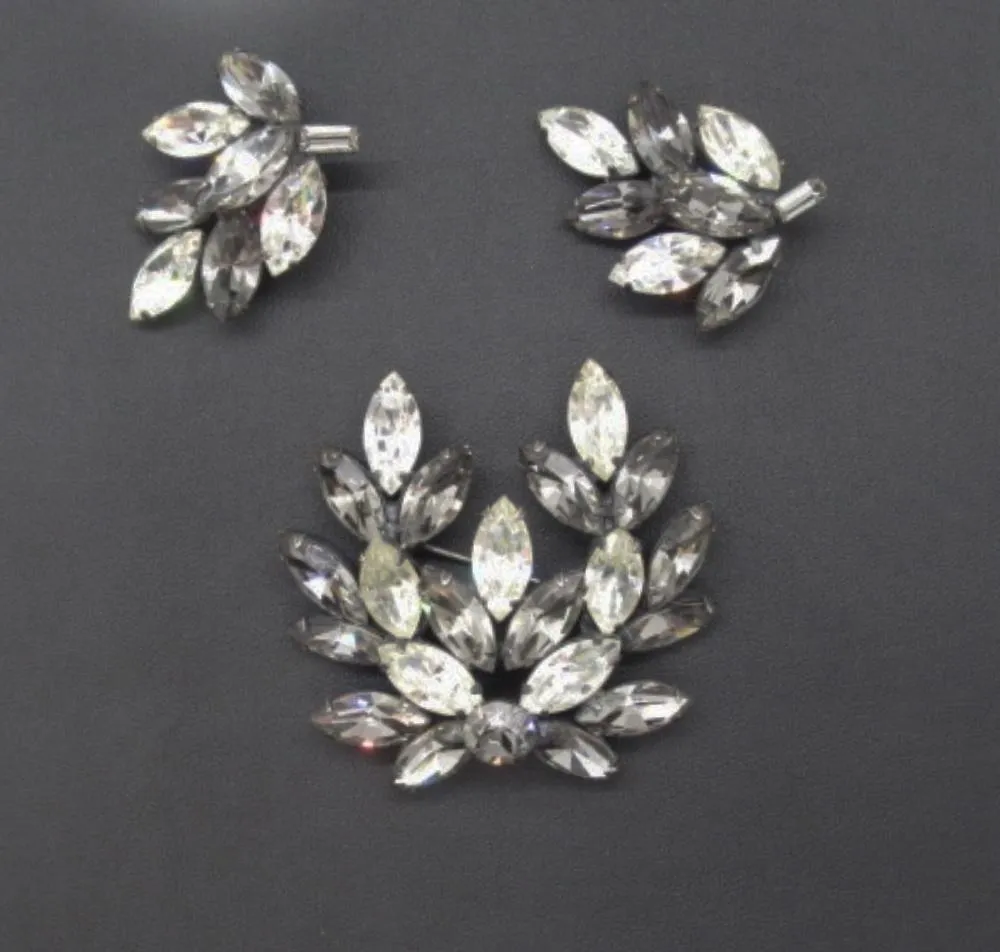 Sparkling Gray and White Vintage Rhinestone Brooch and Earrings