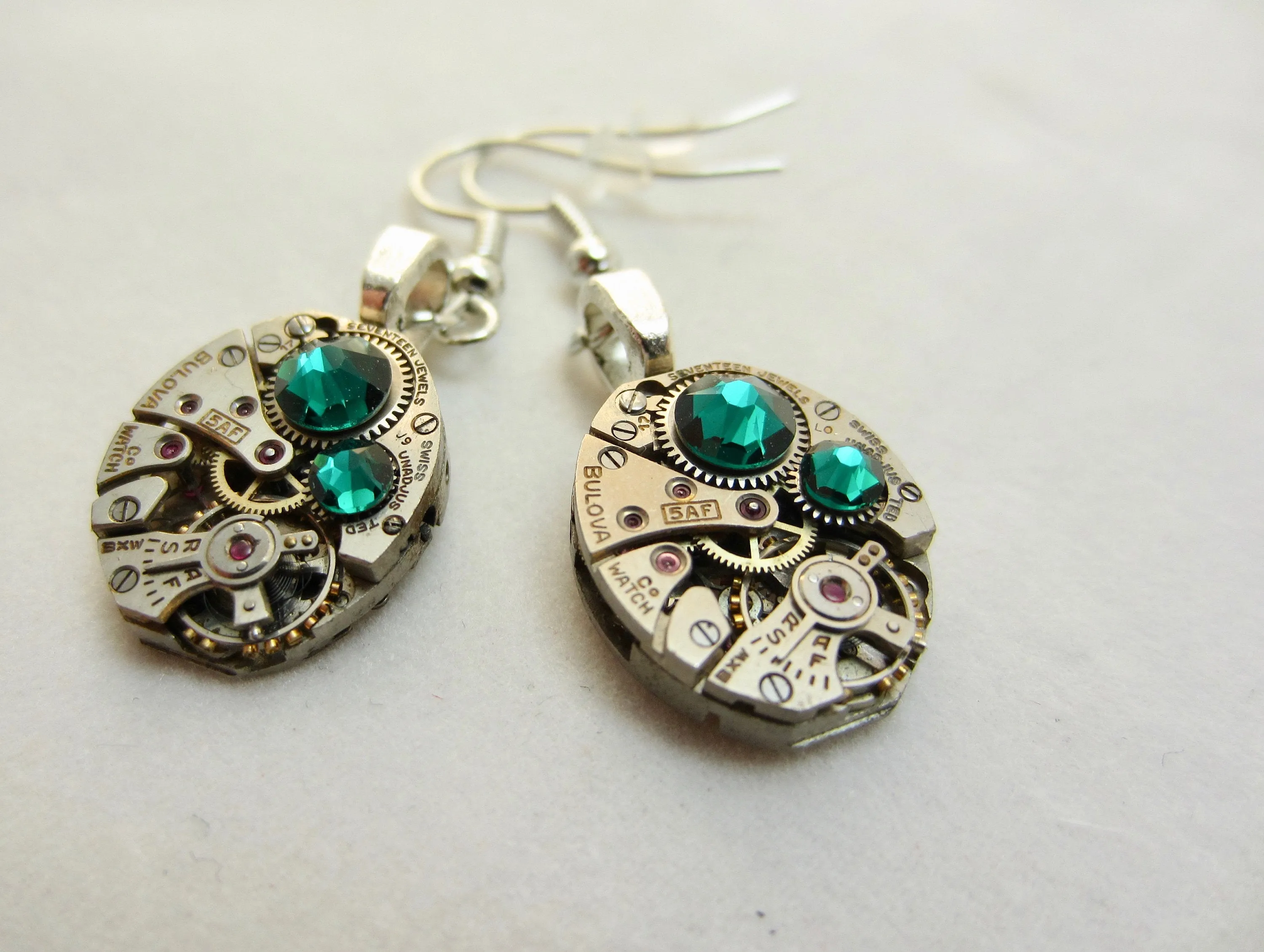 Steampunk Drop Earrings with Mechanical Watch Movement - Emerald - May Birthstone - Steampunk jewelry - gift for mom