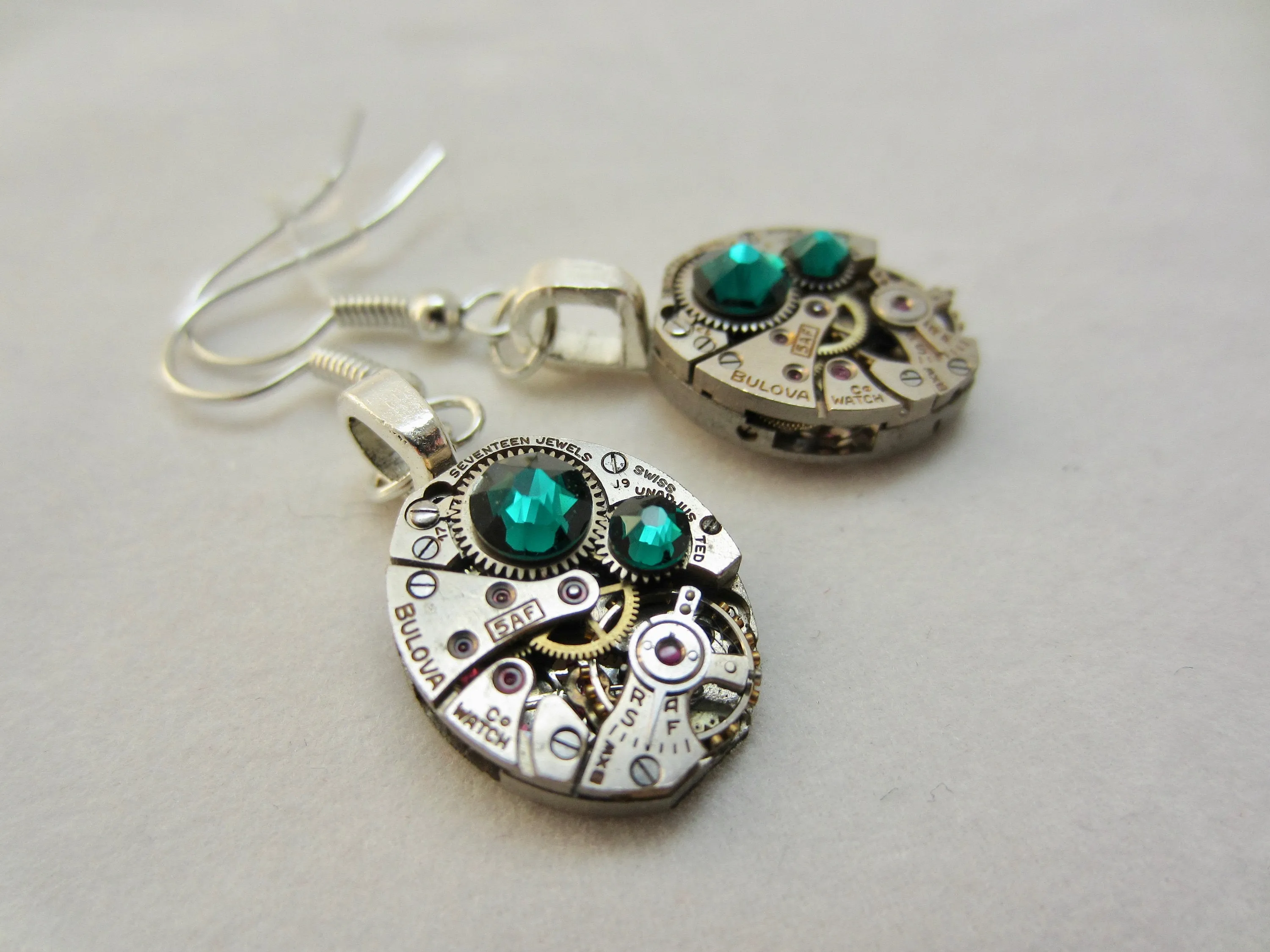 Steampunk Drop Earrings with Mechanical Watch Movement - Emerald - May Birthstone - Steampunk jewelry - gift for mom