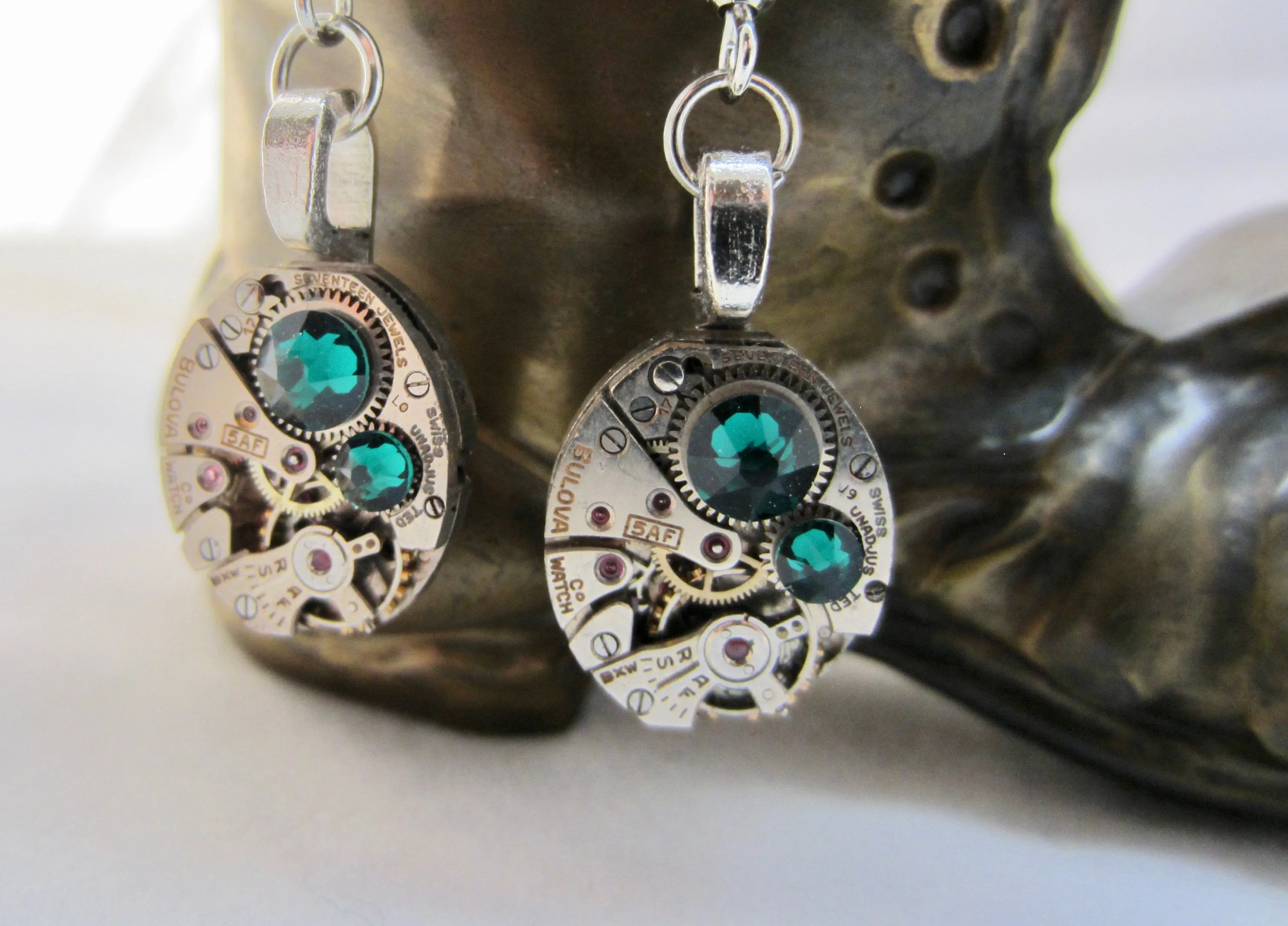 Steampunk Drop Earrings with Mechanical Watch Movement - Emerald - May Birthstone - Steampunk jewelry - gift for mom