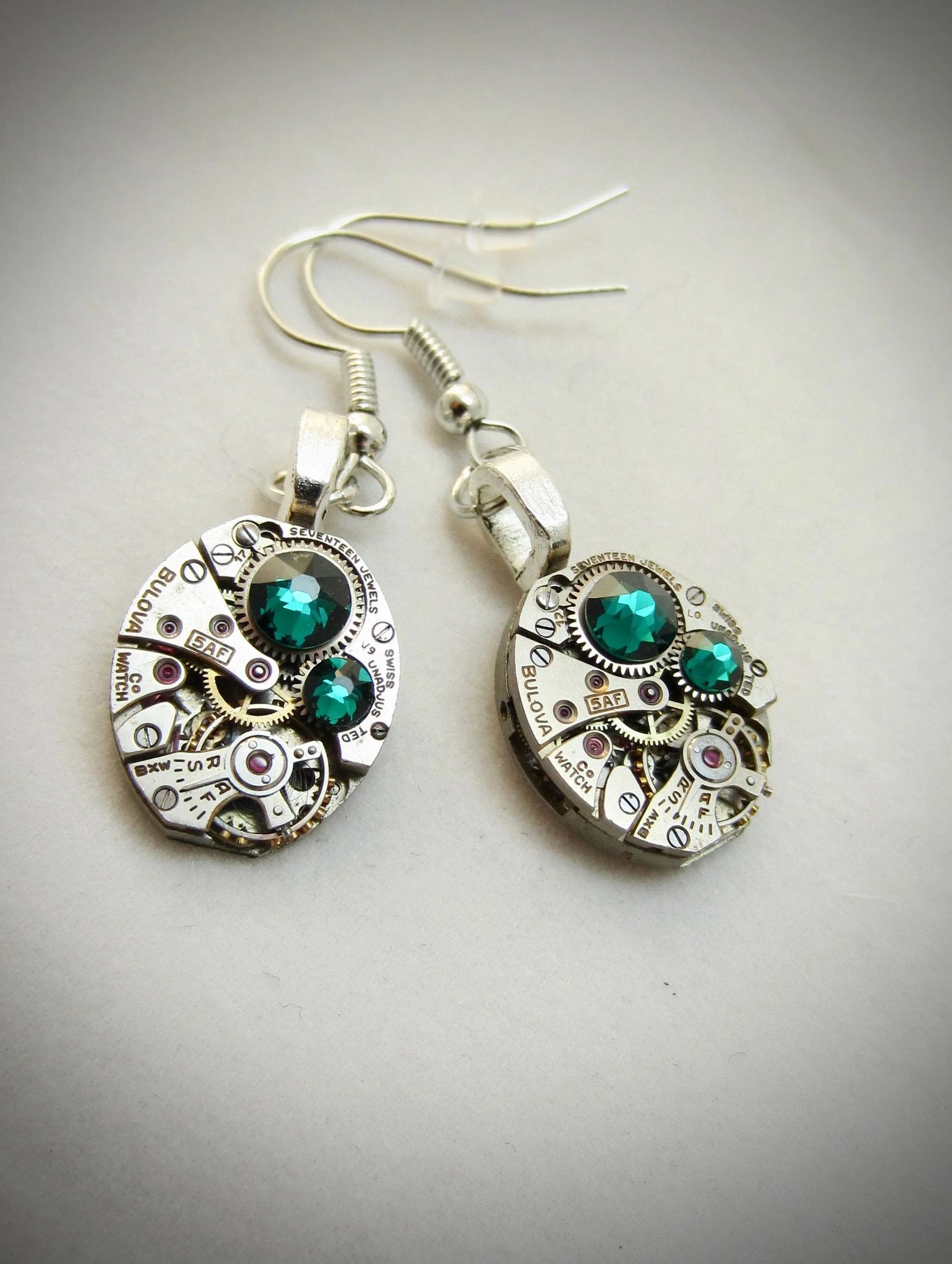 Steampunk Drop Earrings with Mechanical Watch Movement - Emerald - May Birthstone - Steampunk jewelry - gift for mom