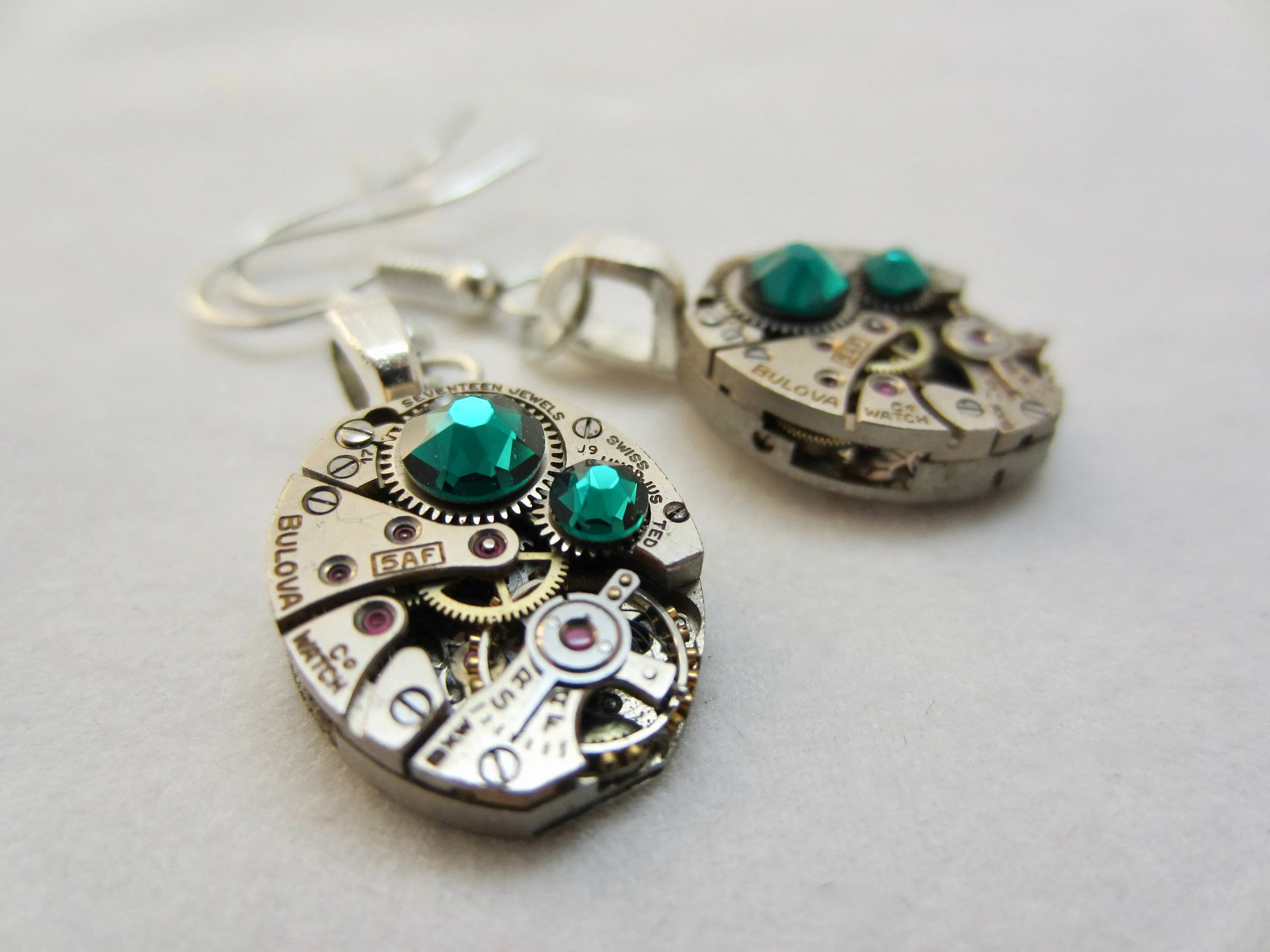 Steampunk Drop Earrings with Mechanical Watch Movement - Emerald - May Birthstone - Steampunk jewelry - gift for mom