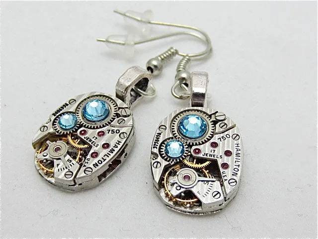 Steampunk earrings watch parts jewelry Aquamarine earrings Hamilton Steampunk Watch movement Handmade Bridesmaid Gift Birthday for her