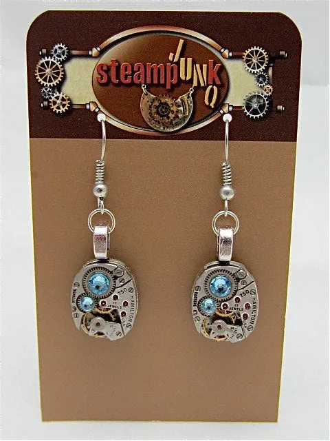 Steampunk earrings watch parts jewelry Aquamarine earrings Hamilton Steampunk Watch movement Handmade Bridesmaid Gift Birthday for her