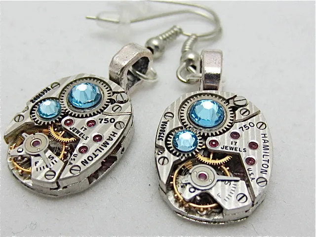 Steampunk earrings watch parts jewelry Aquamarine earrings Hamilton Steampunk Watch movement Handmade Bridesmaid Gift Birthday for her