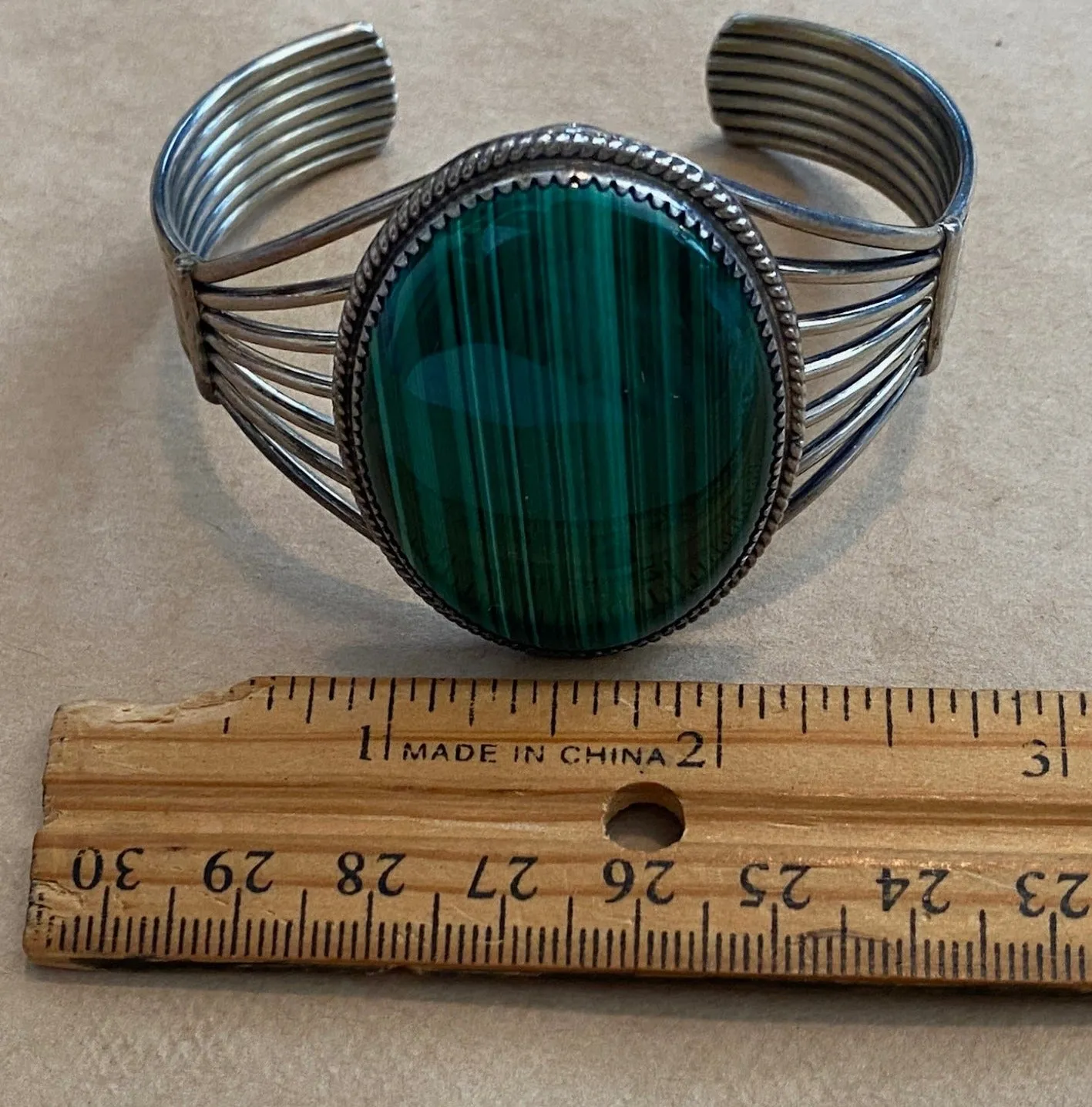 Sterling Silver 925 Large Green Malachite Cabochon Cuff Bracelet