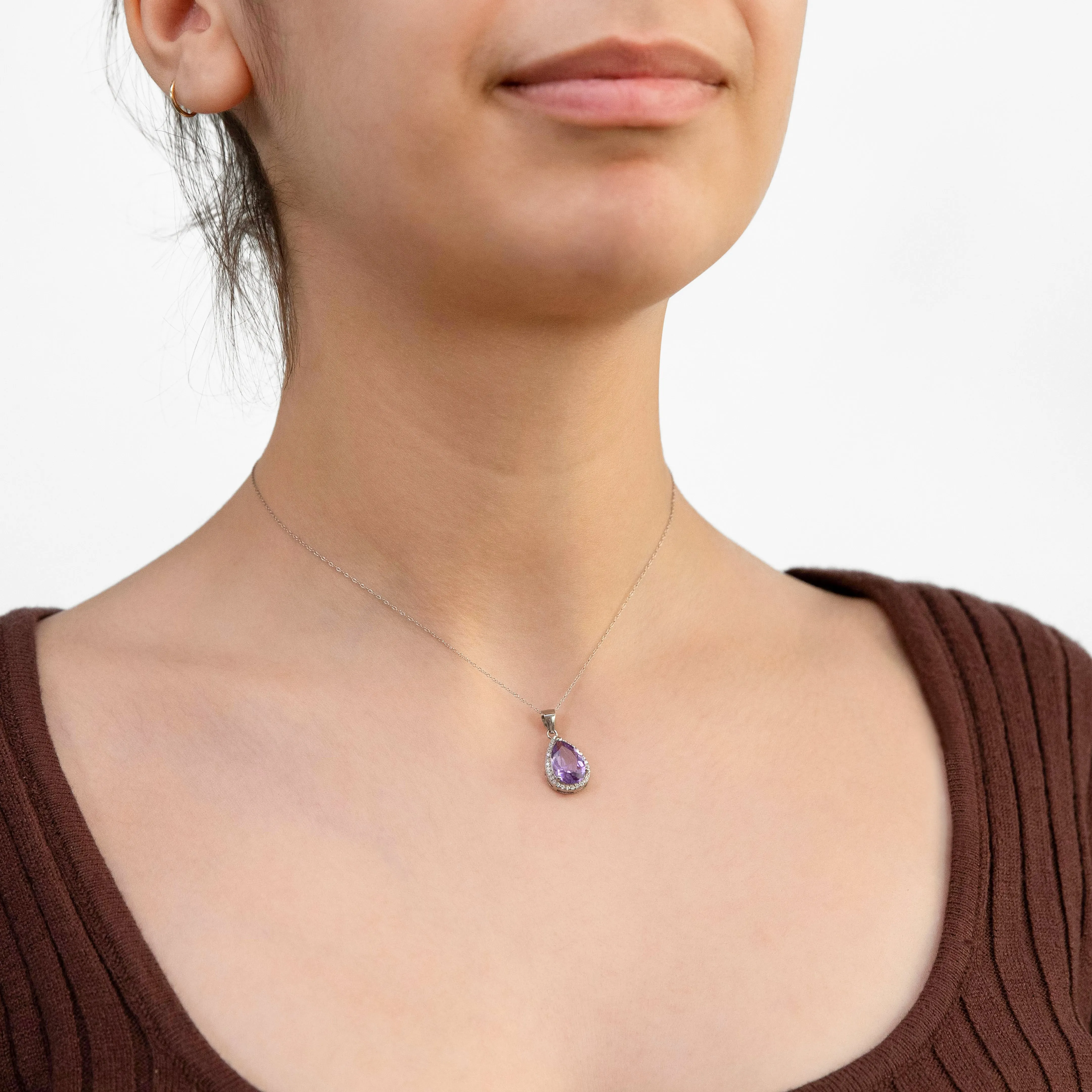 Sterling Silver Amethyst Pear 8x12mm and Zirconia Pendant with 45cm Chain